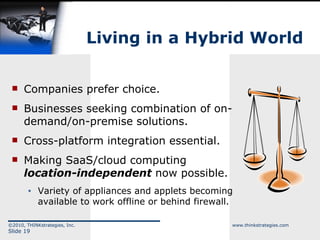 Living in a Hybrid World Companies prefer choice. Businesses seeking combination of on-demand/on-premise solutions. Cross-platform integration essential. Making SaaS/cloud computing  location-independent  now possible. Variety of appliances and applets becoming available to work offline or behind firewall. 