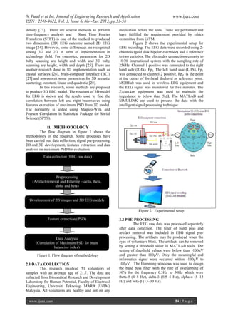 N. Fuad et al Int. Journal of Engineering Research and Application
ISSN : 2248-9622, Vol. 3, Issue 6, Nov-Dec 2013, pp.53-58
density [23]. There are several methods to perform
time-frequency analysis and
Short Time Fourier
Transform (STFT) is one of the method to produced
two dimension (2D) EEG outcome named 2D EEG
image [24]. However, some differences are recognized
among 3D and 2D in term of implementation in
technology field. For examples, parameters for 2D
baby scanning are height and width and 3D baby
scanning are height, width and depth [25]. There are
another research done in 3D implementation such as
crystal surfaces [26], brain-computer interface (BCI)
[27] and assessment some parameters for 3D acoustic
scattering; constant, linear and quadratic [28].
In this research, some methods are proposed
to produce 3D EEG model. The resultant of 3D model
for EEG is shown and the results used to find the
correlation between left and right brainwaves using
features extraction of maximum PSD from 3D model.
The normality is tested using Shapiro-Wilk and
Pearson Correlation in Statistical Package for Social
Science (SPSS).

www.ijera.com

medication before the tests. These are performed and
have fulfilled the requirement provided by ethics
committee from UiTM.
Figure 2 shows the experimental setup for
EEG recording. The EEG data were recorded using 2channels (gold disk bipolar electrode) and a reference
to two earlobes. The electrodes connections comply to
10/20 International system with the sampling rate of
256Hz. Channel 1 positive was connected to the right
hand side (RHS), Fp2. The left hand side (LHS), Fp1
was connected to channel 2 positive. FpZ is the point
at the center of forehead declared as reference point.
MOBIlab was used in wireless EEG equipment and
the EEG signal was monitored for five minutes. The
Z-checker equipment was used to maintain the
impedance to below than 5kΩ. The MATLAB and
SIMULINK are used to process the data with the
intelligent signal processing technique.

II. METHODOLOGY
The flow diagram in figure 1 shows the
methodology of the research. Some processes have
been carried out; data collection, signal pre-processing,
2D and 3D development, features extraction and data
analysis on maximum PSD for evaluation.
Data collection (EEG raw data)

Preprocessing
(Artifact removal and Filtering – delta, theta,
alpha and beta)

Development of 2D images and 3D EEG models
Figure 2. Experimental setup
Feature extraction (PSD)

Data Analysis
(Correlation of Maximum PSD for brain
balancing index)
Figure 1. Flow diagram of methodology
2.1 DATA COLLECTION
This research involved 51 volunteers of
samples with an average age of 21.7. The data are
collected from Biomedical Research and Development
Laboratory for Human Potential, Faculty of Electrical
Engineering, Universiti Teknologi MARA (UiTM)
Malaysia. All volunteers are healthy and not on any
www.ijera.com

2.2 PRE-PROCESSING
The EEG raw data was processed separately
after data collection. The filter of band pass and
artifact removal was included in EEG signal preprocessing. The artifacts may be produced when the
eyes of volunteers blink. The artifacts can be removed
by setting a threshold value in MATLAB tools. The
setting of threshold values were below than -100μV
and greater than 100μV. Only the meaningful and
informatics signal were occurred within -100μV to
100μV. The Hamming windows was used to design
the band pass filter with the rate of overlapping of
50% for the frequency 0.5Hz to 30Hz which were
theta-θ (4–8 Hz), delta-δ (0.5–4 Hz), alpha-α (8–13
Hz) and beta-β (13–30 Hz).

54 | P a g e

 