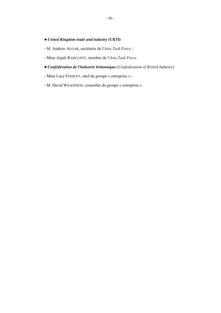 - 86 -




! United   Kingdom trade and industry (UKTI)

- M. Andrew ALGAR, secrétaire de l'Asia Task Force ;

- Mme Anjali RADCLIFFE, membre de l'Asia Task Force.

! Confédération   de l'industrie britannique (Confederation of British Industry)

- Mme Lucy FINDLEY, chef du groupe « entreprise » ;

- M. David WILKINSON, conseiller du groupe « entreprise ».
 