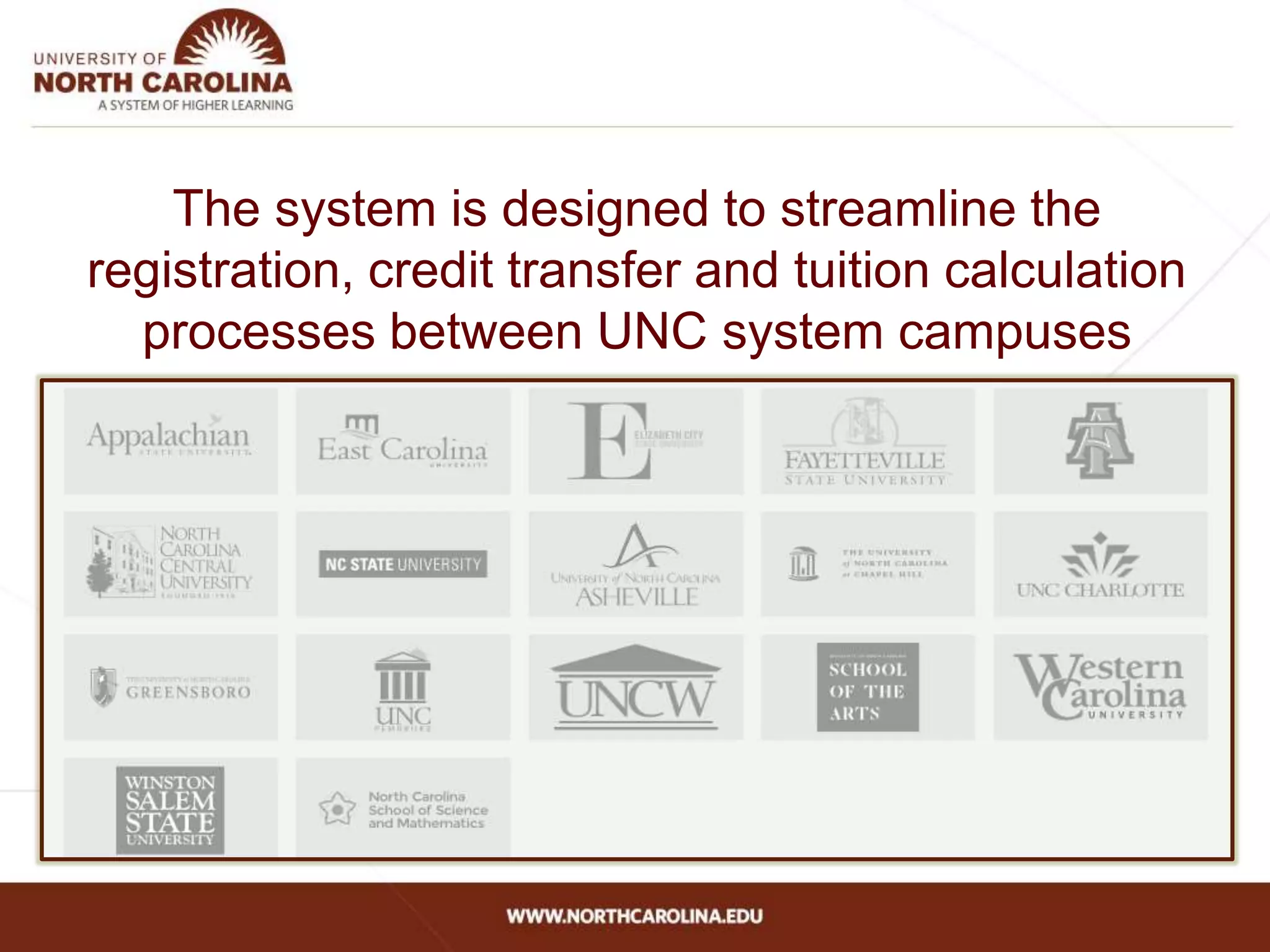 The system is designed to streamline the
registration, credit transfer and tuition calculation
processes between UNC system campuses
 
