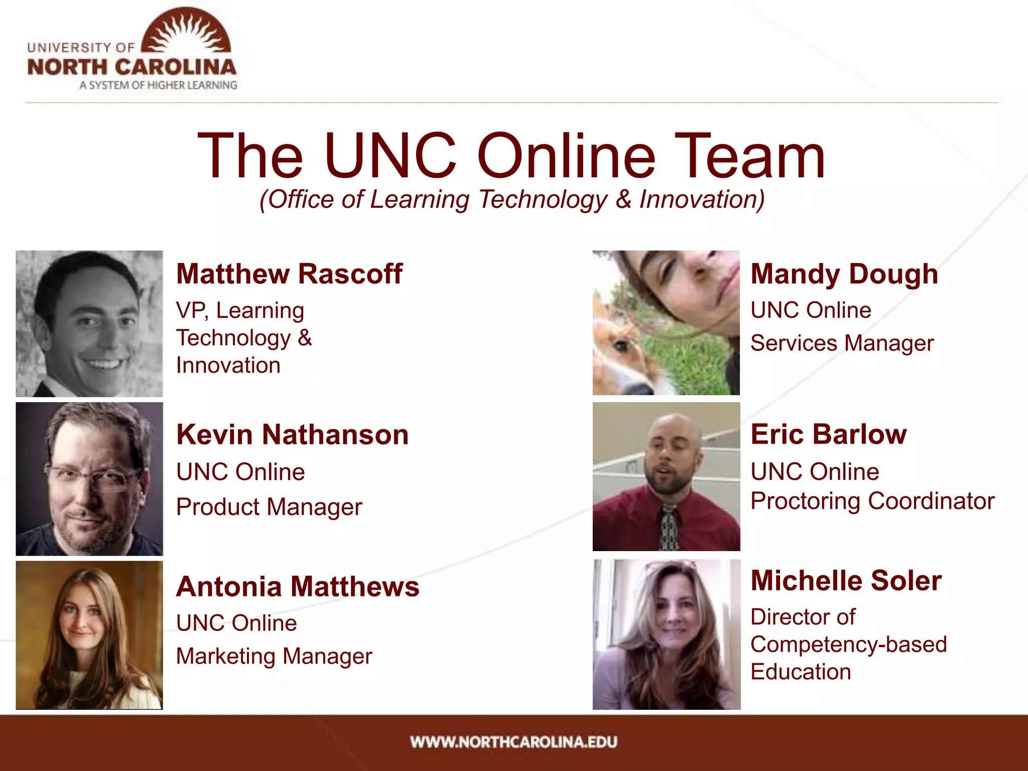 The UNC Online Team
Matthew Rascoff
VP, Learning
Technology &
Innovation
Kevin Nathanson
UNC Online
Product Manager
Antonia Matthews
UNC Online
Marketing Manager
Mandy Dough
UNC Online
Services Manager
Eric Barlow
UNC Online
Proctoring Coordinator
Michelle Soler
Director of
Competency-based
Education
(Office of Learning Technology & Innovation)
 