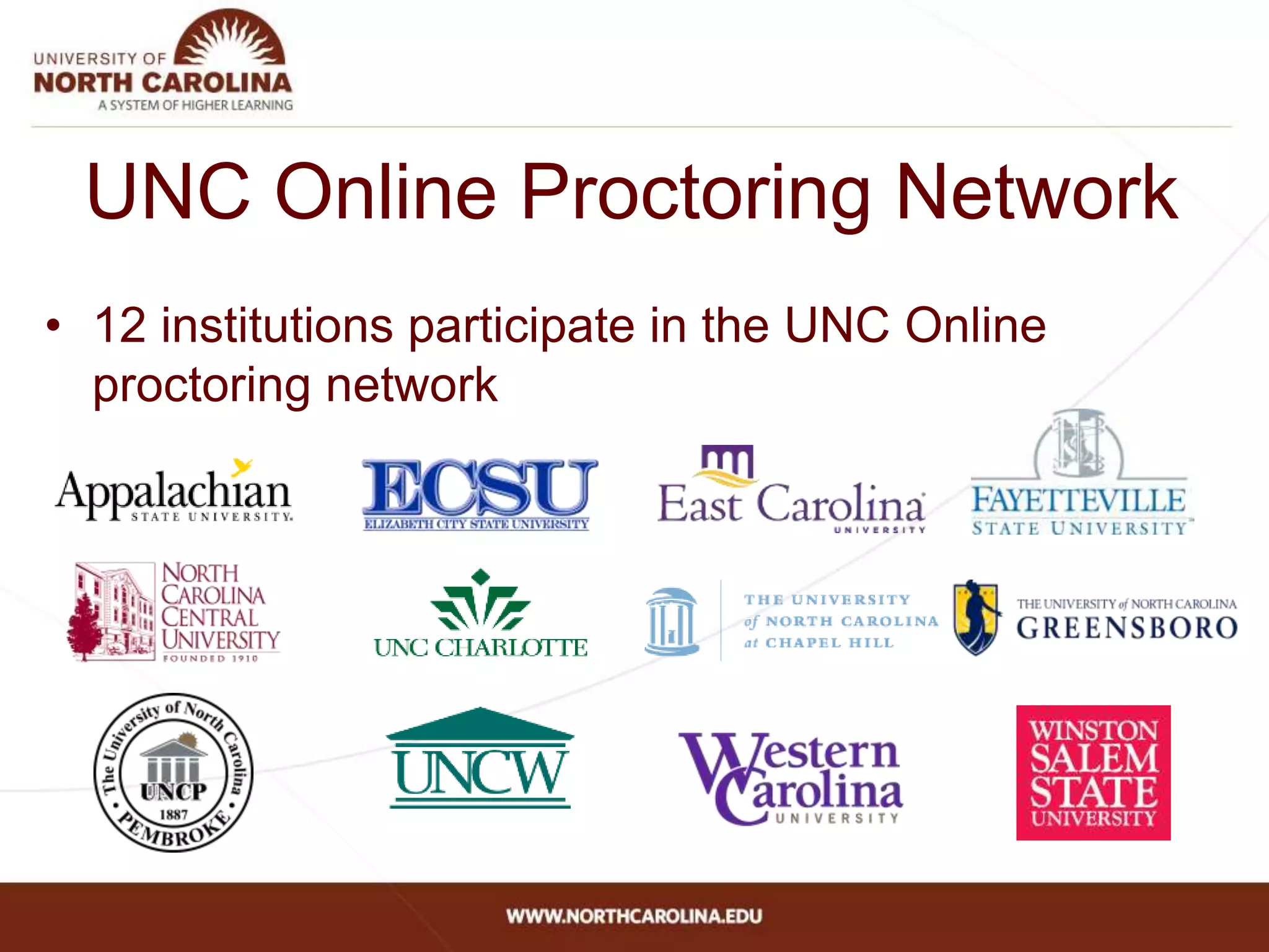 UNC Online Proctoring Network
• 12 institutions participate in the UNC Online
proctoring network
 