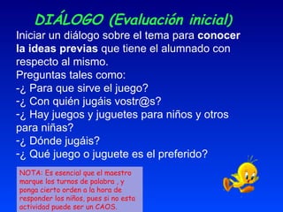 DIÁLOGO (Evaluación inicial ) Iniciar un diálogo sobre el tema para  conocer la ideas previas  que tiene el alumnado con respecto al mismo. Preguntas tales como: -¿ Para que sirve el juego? ¿ Con quién jugáis vostr@s? ¿ Hay juegos y juguetes para niños y otros para niñas? ¿ Dónde jugáis? ¿ Qué juego o juguete es el preferido?  NOTA: Es esencial que el maestro marque los turnos de palabra , y ponga cierto orden a la hora de responder los niños, pues si no esta actividad puede ser un CAOS.  