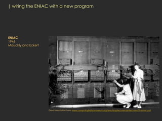 | wiring the ENIAC with a new program




ENIAC
1946
Mauchly and Eckert




                     Great description here: www.computinghistorymuseum.org/teaching/lectures/pptlectures/7b-eniac.ppt
 