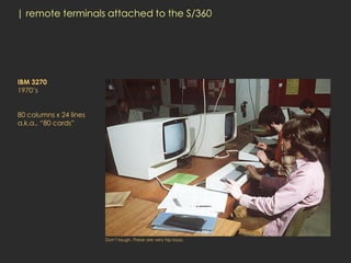 | remote terminals attached to the S/360




IBM 3270
1970’s


80 columns x 24 lines
a.k.a., “80 cards”




                        Don’t laugh. These are very hip boys.
 