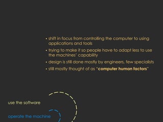 •   shift in focus from controlling the computer to using
                       applications and tools
                   •   trying to make it so people have to adapt less to use
                       the machines’ capability
                   •   design is still done mostly by engineers, few specialists
                   •   still mostly thought of as “computer human factors”




use the software


operate the machine
 
