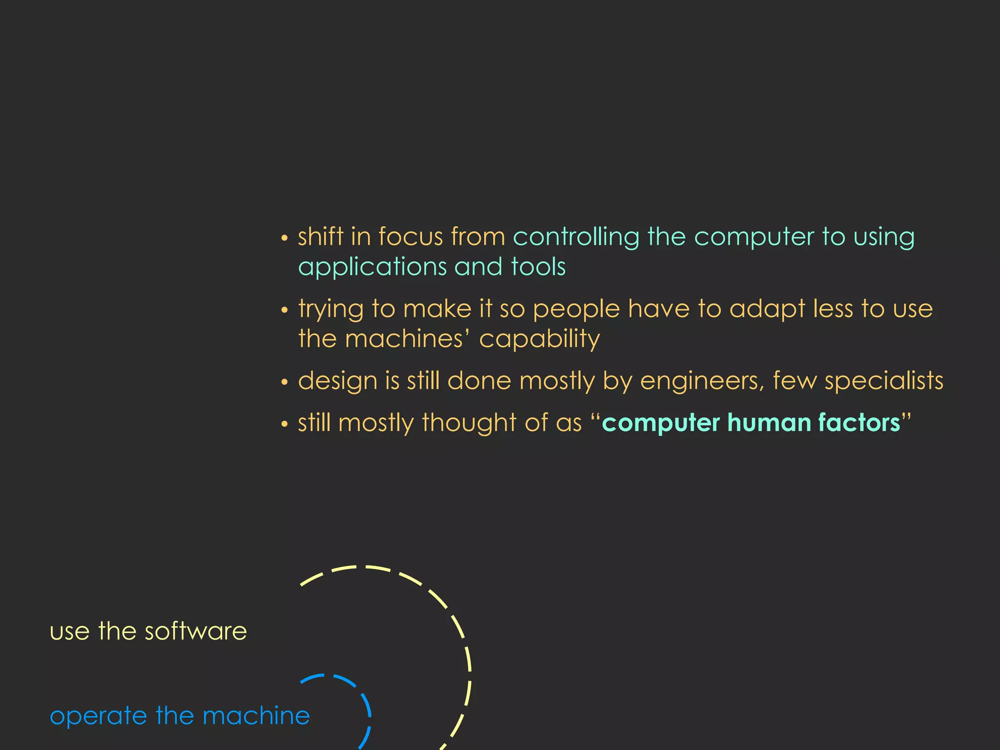 •   shift in focus from controlling the computer to using
                       applications and tools
                   •   trying to make it so people have to adapt less to use
                       the machines’ capability
                   •   design is still done mostly by engineers, few specialists
                   •   still mostly thought of as “computer human factors”




use the software


operate the machine
 