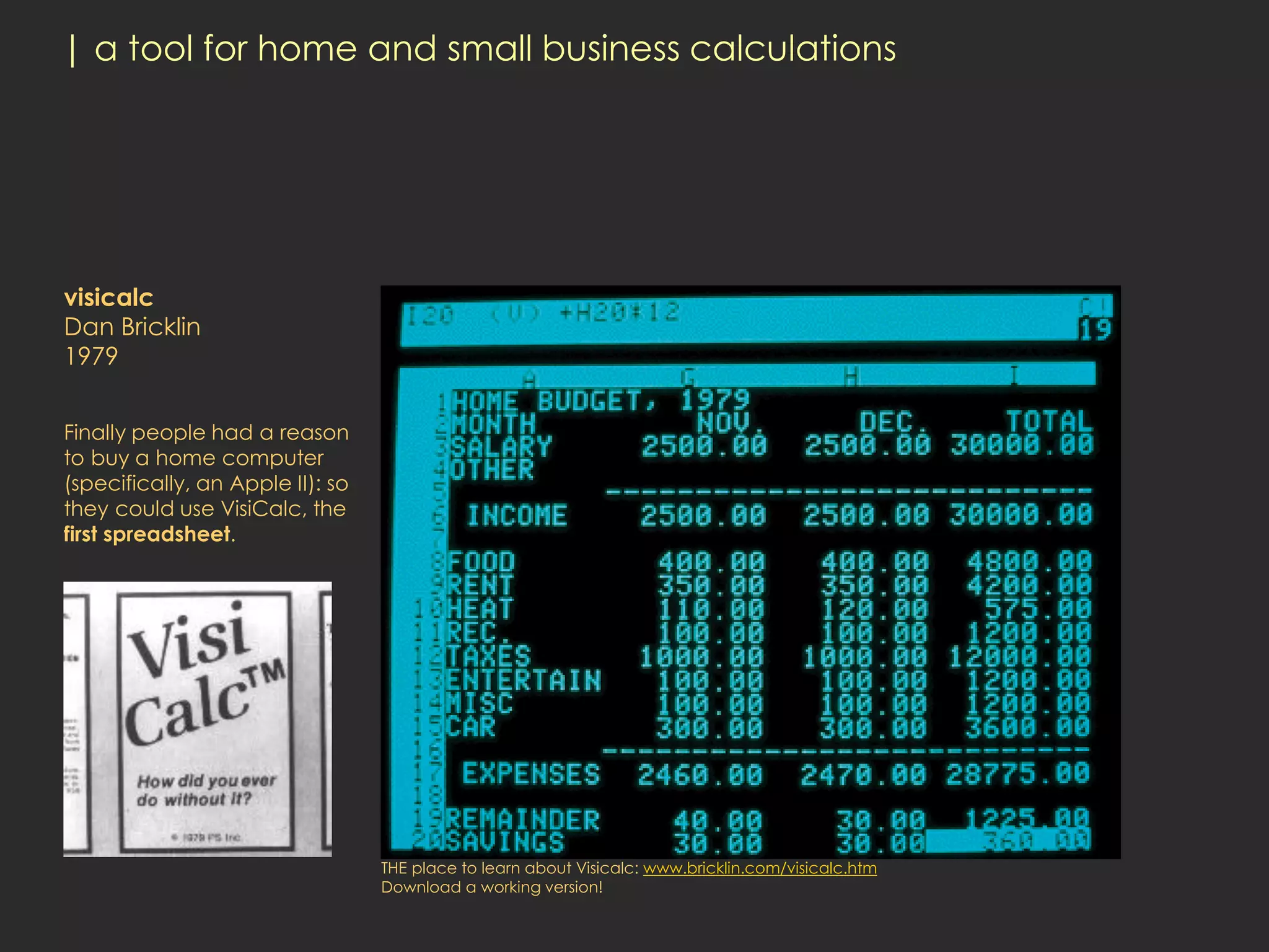 | a tool for home and small business calculations




visicalc
Dan Bricklin
1979


Finally people had a reason
to buy a home computer
(specifically, an Apple II): so
they could use VisiCalc, the
first spreadsheet.




                                  THE place to learn about Visicalc: www.bricklin.com/visicalc.htm
                                  Download a working version!
 