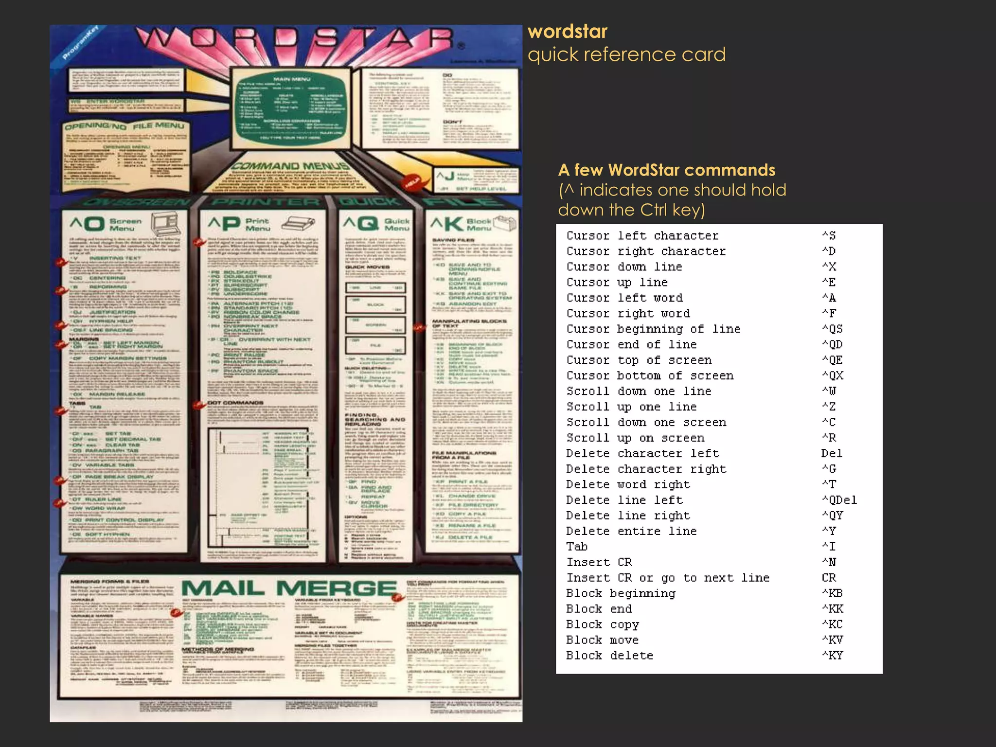 wordstar
quick reference card




   A few WordStar commands
   (^ indicates one should hold
   down the Ctrl key)
 
