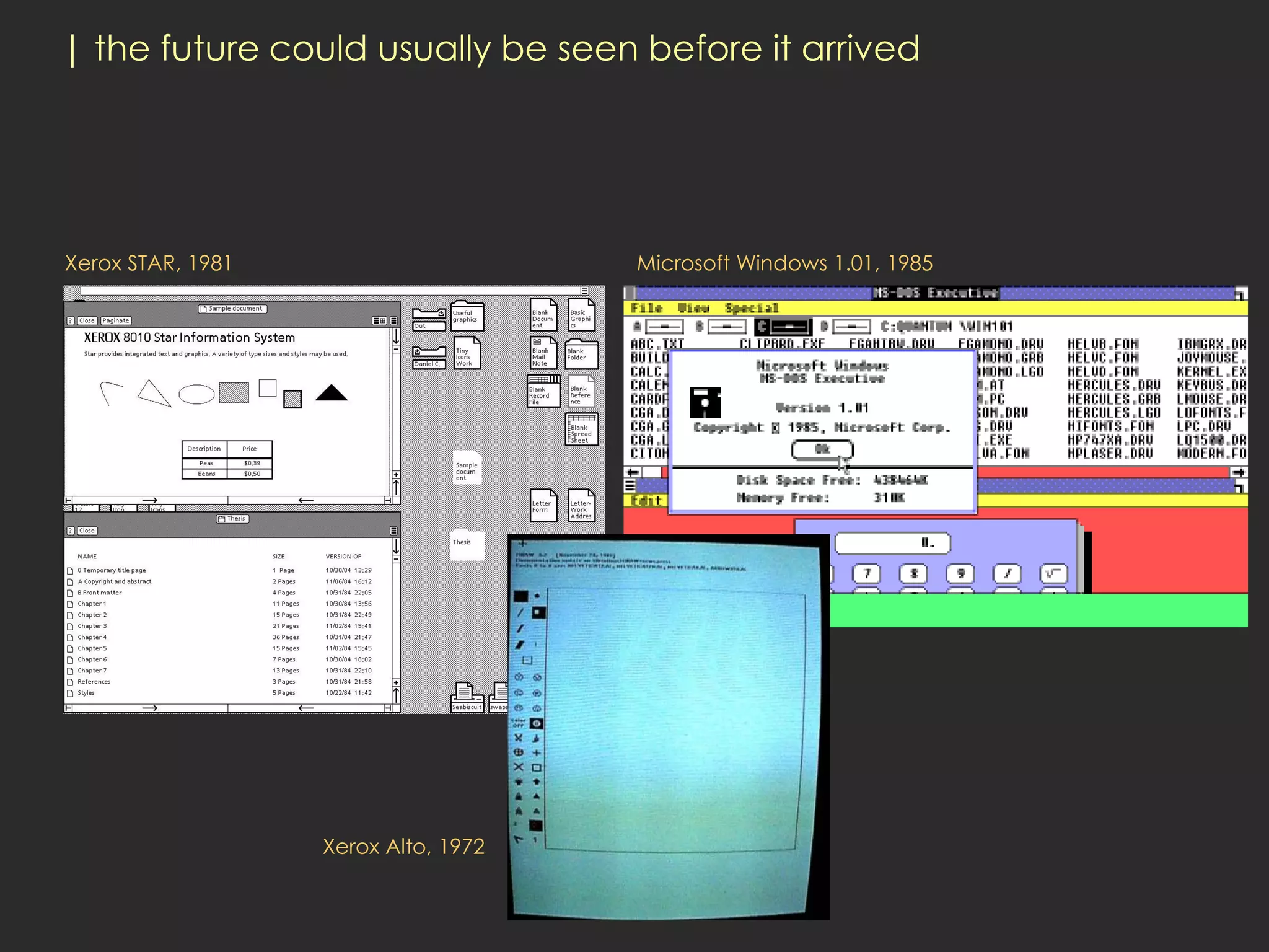 | the future could usually be seen before it arrived




Xerox STAR, 1981                      Microsoft Windows 1.01, 1985




                   Xerox Alto, 1972
 