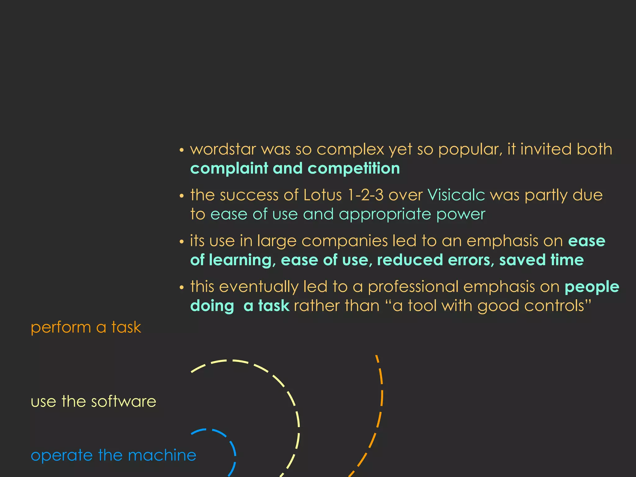 •   wordstar was so complex yet so popular, it invited both
                       complaint and competition
                   •   the success of Lotus 1-2-3 over Visicalc was partly due
                       to ease of use and appropriate power
                   •   its use in large companies led to an emphasis on ease
                       of learning, ease of use, reduced errors, saved time
                   •   this eventually led to a professional emphasis on people
                       doing a task rather than “a tool with good controls”
perform a task



use the software


operate the machine
 