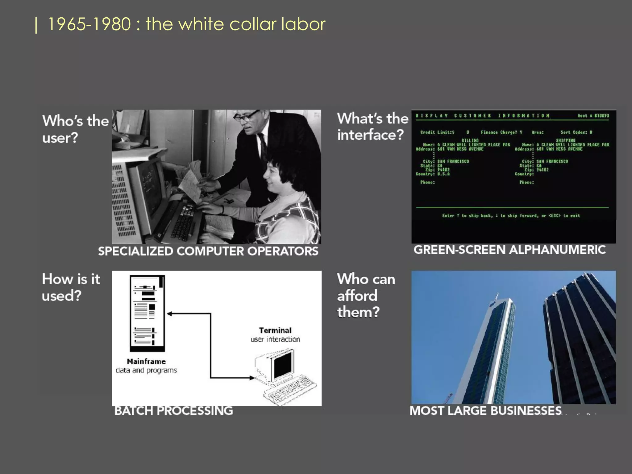 | 1965-1980 : the white collar labor
 