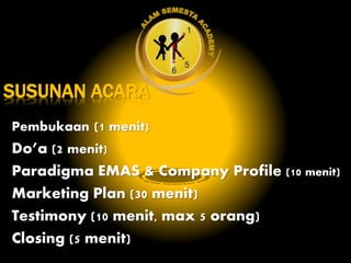 Pembukaan (1 menit)
Do’a (2 menit)
Paradigma EMAS & Company Profile (10 menit)
Marketing Plan (30 menit)
Testimony (10 menit, max 5 orang)
Closing (5 menit)
SUSUNAN ACARA
 
