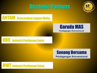 UBS Industri Perhiasan Emas
HWT Industri Perhiasan Emas
ANTAM Pencetakan Logam Mulia
Garuda MAS
Perdagangan Konvensional
Senang Bersama
Perdagangan Konvensional
Strategic Partners
 