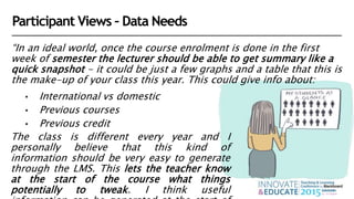“In an ideal world, once the course enrolment is done in the first
week of semester the lecturer should be able to get summary like a
quick snapshot - it could be just a few graphs and a table that this is
the make-up of your class this year. This could give info about:
• International vs domestic
• Previous courses
• Previous credit
The class is different every year and I
personally believe that this kind of
information should be very easy to generate
through the LMS. This lets the teacher know
at the start of the course what things
potentially to tweak. I think useful
Participant Views – Data Needs
 