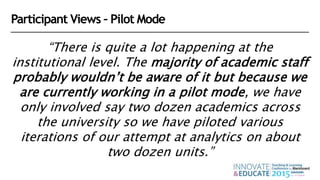 Participant Views – Pilot Mode
“There is quite a lot happening at the
institutional level. The majority of academic staff
probably wouldn’t be aware of it but because we
are currently working in a pilot mode, we have
only involved say two dozen academics across
the university so we have piloted various
iterations of our attempt at analytics on about
two dozen units.”
 