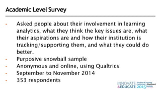 Academic Level Survey
• Asked people about their involvement in learning
analytics, what they think the key issues are, what
their aspirations are and how their institution is
tracking/supporting them, and what they could do
better.
• Purposive snowball sample
• Anonymous and online, using Qualtrics
• September to November 2014
• 353 respondents
 