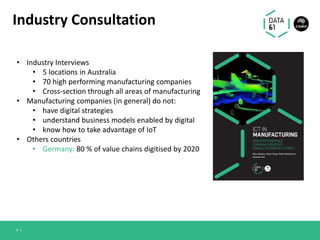Industry Consultation
4 |
• Industry Interviews
• 5 locations in Australia
• 70 high performing manufacturing companies
• Cross-section through all areas of manufacturing
• Manufacturing companies (in general) do not:
• have digital strategies
• understand business models enabled by digital
• know how to take advantage of IoT
• Others countries
• Germany: 80 % of value chains digitised by 2020
 