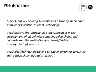 i3Hub Vision
“The i3 Hub will develop Australia into a leading market and
supplier of Industrial Internet Technology.
It will achieve this through assisting companies in the
development of global inter-company value chains and
networks and the vertical integration of flexible
(manufacturing) systems.
It will also facilitate digital end-to-end engineering across the
entire value chain (iManufacturing).”
 