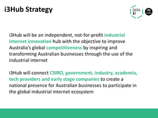 i3Hub Strategy
i3Hub will be an independent, not-for-profit industrial
internet innovation hub with the objective to improve
Australia’s global competitiveness by inspiring and
transforming Australian businesses through the use of the
industrial internet
i3Hub will connect CSIRO, government, industry, academia,
tech providers and early stage companies to create a
national presence for Australian businesses to participate in
the global industrial internet ecosystem
 
