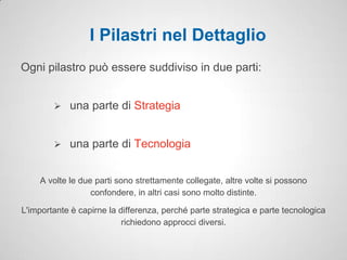 I Pilastri nel Dettaglio
Ogni pilastro può essere suddiviso in due parti:


           una parte di Strategia


           una parte di Tecnologia


    A volte le due parti sono strettamente collegate, altre volte si possono
                  confondere, in altri casi sono molto distinte.

L'importante è capirne la differenza, perché parte strategica e parte tecnologica
                           richiedono approcci diversi.
 
