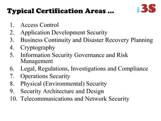 Typical Certification Areas …
1. Access Control
2. Application Development Security
3. Business Continuity and Disaster Recovery Planning
4. Cryptography
5. Information Security Governance and Risk
Management
6. Legal, Regulations, Investigations and Compliance
7. Operations Security
8. Physical (Environmental) Security
9. Security Architecture and Design
10. Telecommunications and Network Security
 