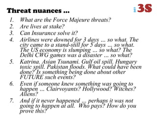 Threat nuances …
1. What are the Force Majeure threats?
2. Are lives at stake?
3. Can Insurance solve it?
4. Airlines were downed for 3 days … so what. The
city came to a stand-still for 5 days … so what.
The US economy is slumping … so what? The
Delhi CWG games was a disaster … so what?
5. Katrina. Asian Tsunami. Gulf oil spill. Hungary
toxic spill. Pakistan floods. What could have been
done? Is something being done about other
FUTURE such events?
6. Even if someone knew something was going to
happen … Clairvoyants? Hollywood? Witches?
Aliens?
7. And if it never happened … perhaps it was not
going to happen at all. Who pays? How do you
prove this?
 