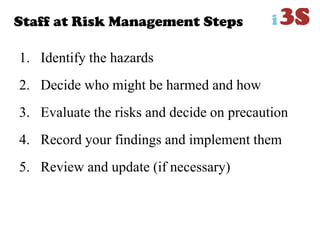 Staff at Risk Management Steps
1. Identify the hazards
2. Decide who might be harmed and how
3. Evaluate the risks and decide on precaution
4. Record your findings and implement them
5. Review and update (if necessary)
 