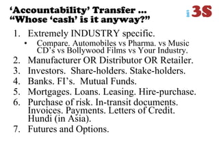 „Accountability‟ Transfer …
“Whose „cash‟ is it anyway?”
1. Extremely INDUSTRY specific.
• Compare. Automobiles vs Pharma. vs Music
CD‟s vs Bollywood Films vs Your Industry.
2. Manufacturer OR Distributor OR Retailer.
3. Investors. Share-holders. Stake-holders.
4. Banks. FI‟s. Mutual Funds.
5. Mortgages. Loans. Leasing. Hire-purchase.
6. Purchase of risk. In-transit documents.
Invoices. Payments. Letters of Credit.
Hundi (in Asia).
7. Futures and Options.
 