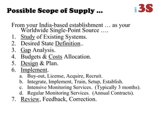 Possible Scope of Supply …
From your India-based establishment … as your
Worldwide Single-Point Source ….
1. Study of Existing Systems.
2. Desired State Definition..
3. Gap Analysis.
4. Budgets & Costs Allocation.
5. Design & Plan.
6. Implement.
a. Buy-out, License, Acquire, Recruit.
b. Integrate, Implement, Train, Setup, Establish.
c. Intensive Monitoring Services. (Typically 3 months).
d. Regular Monitoring Services. (Annual Contracts).
7. Review, Feedback, Correction.
 