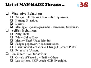 List of MAN-MADE Threats …
 Vindictive Behaviour
 Weapons. Firearms. Chemicals. Explosives.
 Hostage Situation.
 Dacoit.
 Ideology, Psychological and Behavioural Situations.
 Selfish Behaviour
 Petty Theft.
 White Collar Entry.
 Identity Theft / Fake Identity.
 Fudged paperwork / documentation.
 Unauthorised Vehicles vs Changed Licence Plates.
 Removal of Assets.
 Co-Operative Behaviour
 Cartels of Security + Staff + Others.
 Lax systems. NOR Audit NOR Oversight.
 