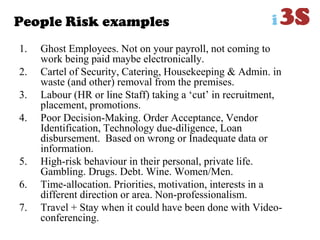People Risk examples
1. Ghost Employees. Not on your payroll, not coming to
work being paid maybe electronically.
2. Cartel of Security, Catering, Housekeeping & Admin. in
waste (and other) removal from the premises.
3. Labour (HR or line Staff) taking a „cut‟ in recruitment,
placement, promotions.
4. Poor Decision-Making. Order Acceptance, Vendor
Identification, Technology due-diligence, Loan
disbursement. Based on wrong or Inadequate data or
information.
5. High-risk behaviour in their personal, private life.
Gambling. Drugs. Debt. Wine. Women/Men.
6. Time-allocation. Priorities, motivation, interests in a
different direction or area. Non-professionalism.
7. Travel + Stay when it could have been done with Video-
conferencing.
 