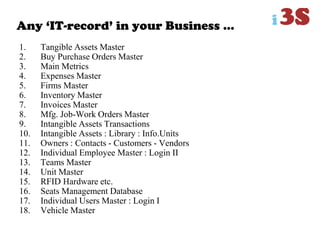 Any „IT-record‟ in your Business …
1. Tangible Assets Master
2. Buy Purchase Orders Master
3. Main Metrics
4. Expenses Master
5. Firms Master
6. Inventory Master
7. Invoices Master
8. Mfg. Job-Work Orders Master
9. Intangible Assets Transactions
10. Intangible Assets : Library : Info.Units
11. Owners : Contacts - Customers - Vendors
12. Individual Employee Master : Login II
13. Teams Master
14. Unit Master
15. RFID Hardware etc.
16. Seats Management Database
17. Individual Users Master : Login I
18. Vehicle Master
 