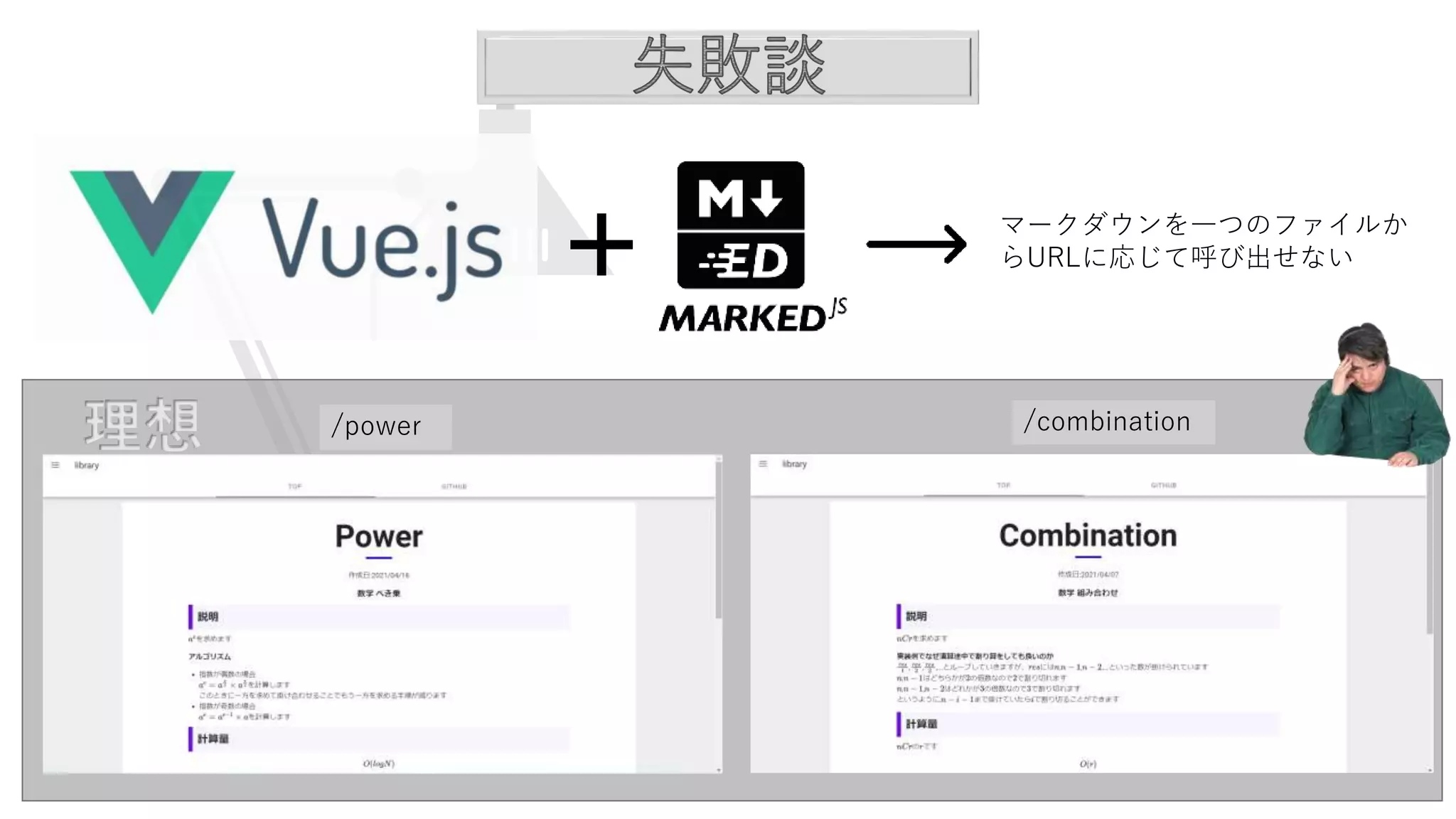 マークダウンを一つのファイルか
らURLに応じて呼び出せない
理想 /power /combination
 