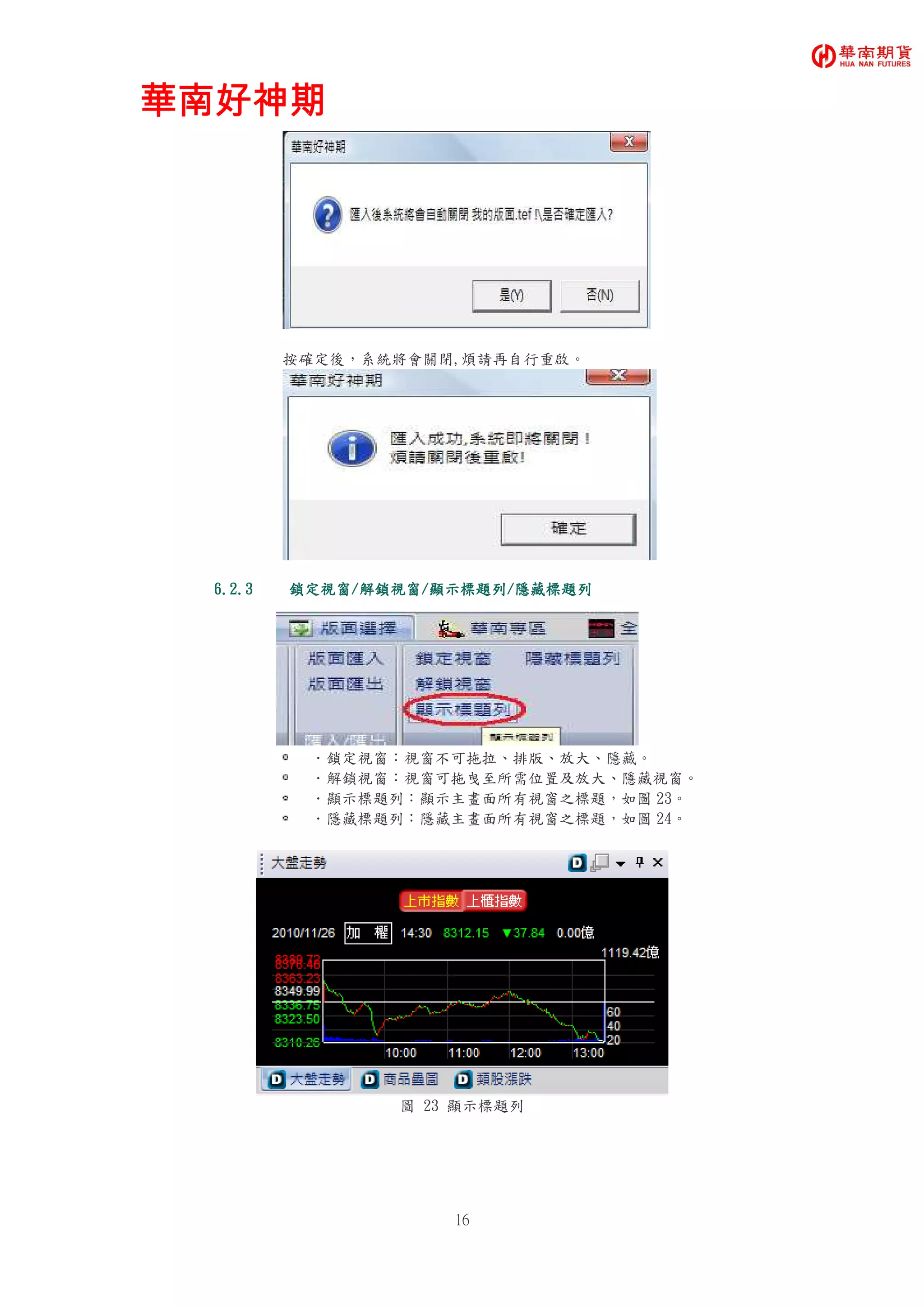 華南好神期華南好神期華南好神期華南好神期
16
按確定後，系統將會關閉,煩請再自行重啟。
6.2.36.2.36.2.36.2.3 鎖定視窗鎖定視窗鎖定視窗鎖定視窗////解鎖視窗解鎖視窗解鎖視窗解鎖視窗////顯示標題列顯示標題列顯示標題列顯示標題列////隱藏標題列隱藏標題列隱藏標題列隱藏標題列
．鎖定視窗：視窗不可拖拉、排版、放大、隱藏。
．解鎖視窗：視窗可拖曳至所需位置及放大、隱藏視窗。
．顯示標題列：顯示主畫面所有視窗之標題，如圖 23。
．隱藏標題列：隱藏主畫面所有視窗之標題，如圖 24。
圖 23 顯示標題列
 