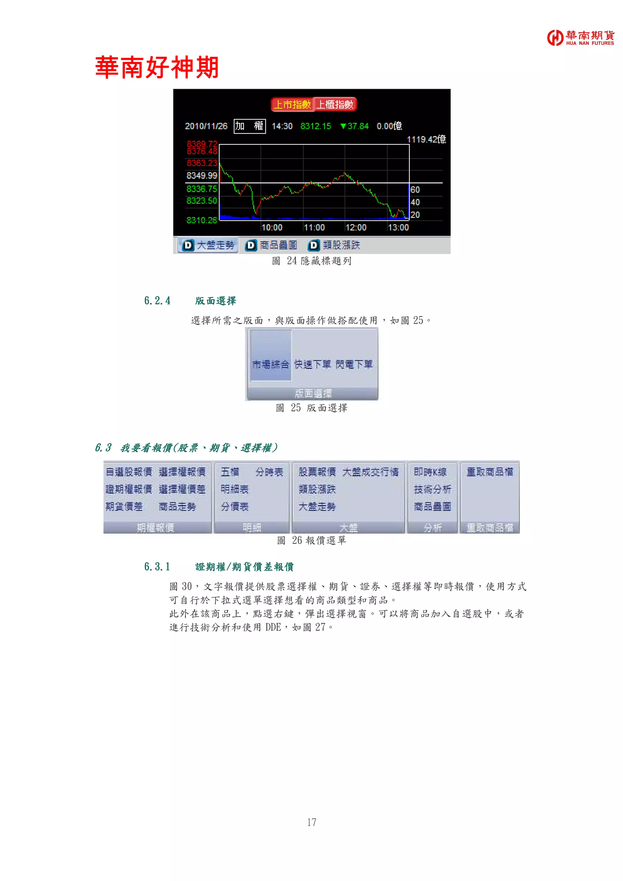 華南好神期華南好神期華南好神期華南好神期
17
圖 24 隱藏標題列
6.2.46.2.46.2.46.2.4 版面選擇版面選擇版面選擇版面選擇
選擇所需之版面，與版面操作做搭配使用，如圖 25。
圖 25 版面選擇
6.36.36.36.3 我要看我要看我要看我要看報價報價報價報價((((股票股票股票股票、、、、期貨期貨期貨期貨、、、、選擇權選擇權選擇權選擇權))))
圖 26 報價選單
6.3.16.3.16.3.16.3.1 證期權證期權證期權證期權////期貨價差期貨價差期貨價差期貨價差報價報價報價報價
圖 30，文字報價提供股票選擇權、期貨、證券、選擇權等即時報價，使用方式
可自行於下拉式選單選擇想看的商品類型和商品。
此外在該商品上，點選右鍵，彈出選擇視窗。可以將商品加入自選股中，或者
進行技術分析和使用 DDE，如圖 27。
 