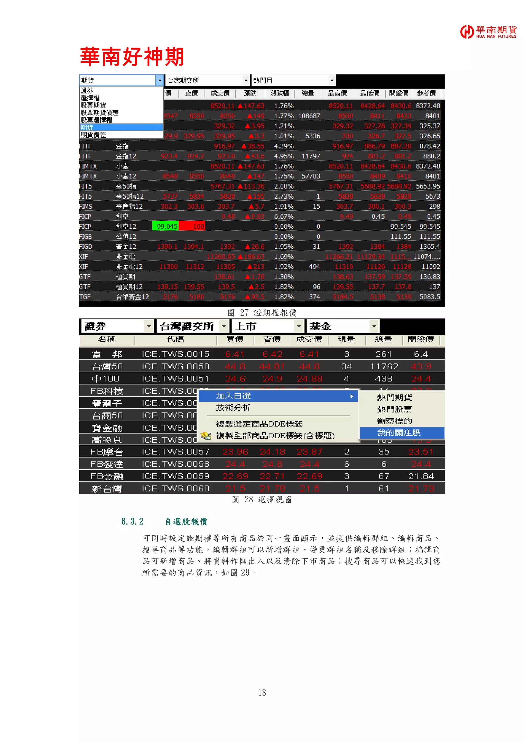 華南好神期華南好神期華南好神期華南好神期
18
圖 27 證期權報價
圖 28 選擇視窗
6.3.26.3.26.3.26.3.2 自選自選自選自選股股股股報價報價報價報價
可同時設定證期權等所有商品於同一畫面顯示，並提供編輯群組、編輯商品、
搜尋商品等功能。編輯群組可以新增群組、變更群組名稱及移除群組；編輯商
品可新增商品、將資料作匯出入以及清除下市商品；搜尋商品可以快速找到您
所需要的商品資訊，如圖 29。
 
