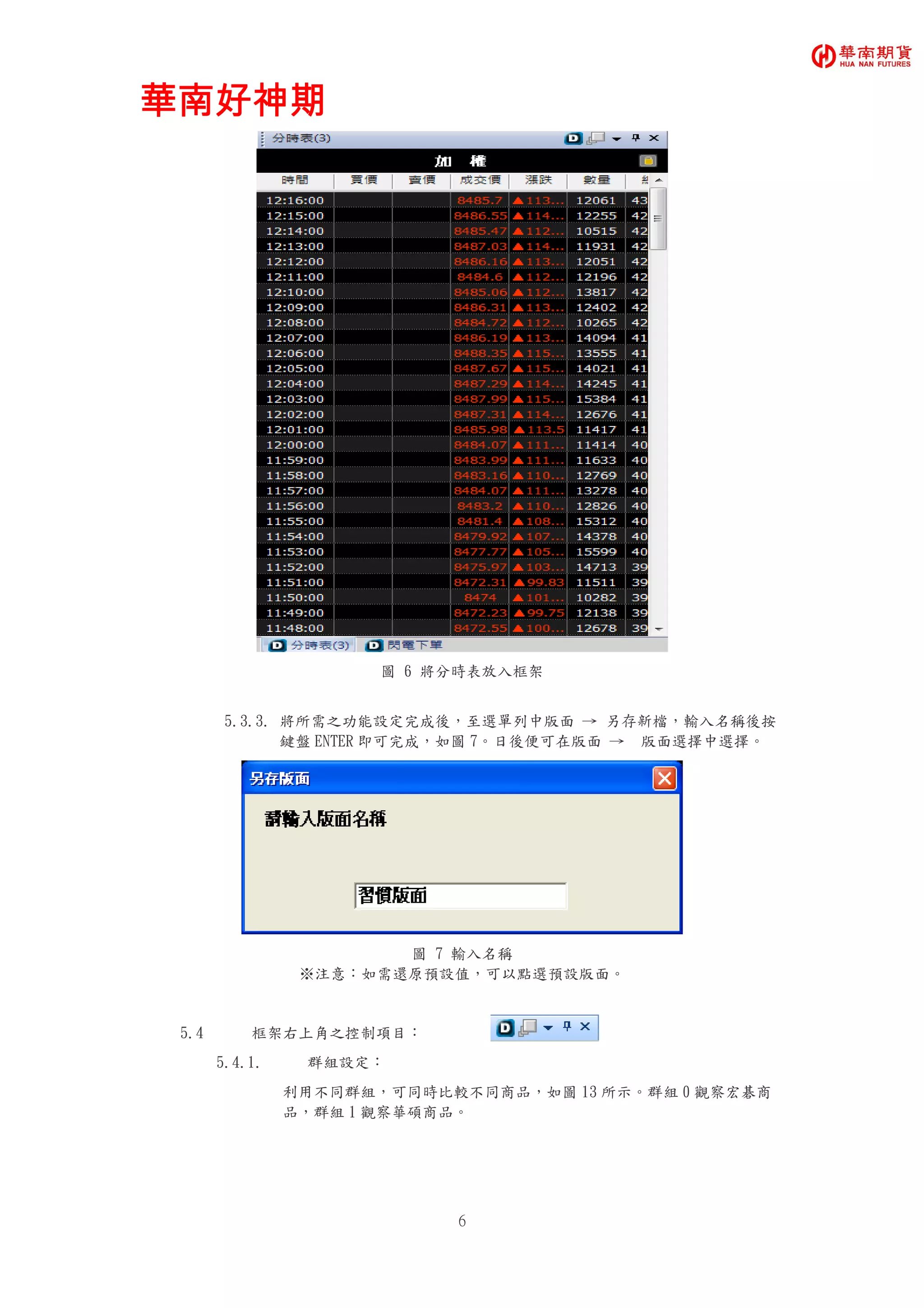 華南好神期華南好神期華南好神期華南好神期
6
圖 6 將分時表放入框架
5.3.3. 將所需之功能設定完成後，至選單列中版面 → 另存新檔，輸入名稱後按
鍵盤 ENTER 即可完成，如圖 7。日後便可在版面 → 版面選擇中選擇。
圖 7 輸入名稱
※注意：如需還原預設值，可以點選預設版面。
5.4 框架右上角之控制項目：
5.4.1. 群組設定：
利用不同群組，可同時比較不同商品，如圖 13 所示。群組 0 觀察宏碁商
品，群組 1 觀察華碩商品。
 