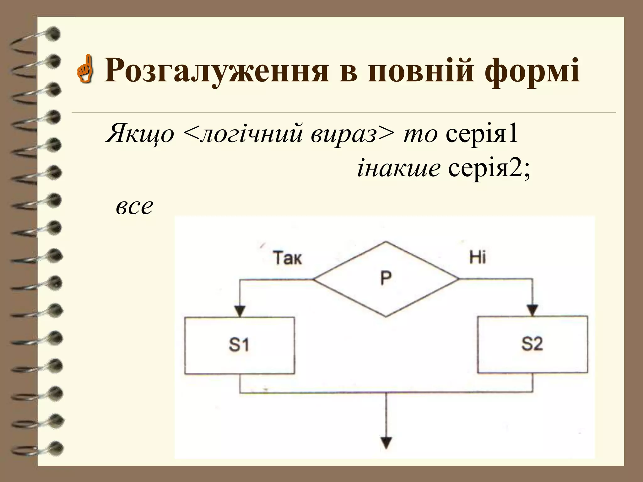  Розгалуження в повній формі 
Якщо <логічний вираз> то серія1 
інакше серія2; 
все 
 
