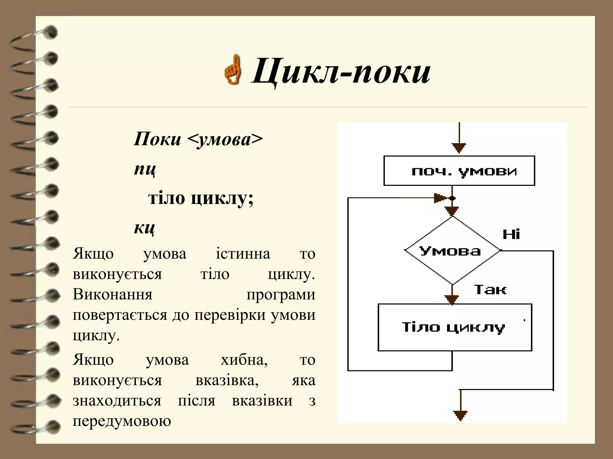  Цикл-поки 
Поки <умова> 
пц 
тіло циклу; 
кц 
Якщо умова істинна то 
виконується тіло циклу. 
Виконання програми 
повертається до перевірки умови 
циклу. 
Якщо умова хибна, то 
виконується вказівка, яка 
знаходиться після вказівки з 
передумовою 
 