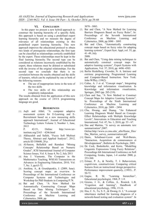 Ali AAJLI Int. Journal of Engineering Research and Applications www.ijera.com
ISSN : 2248-9622, Vol. 4, Issue 10( Part - 3), October 2014, pp.58-66
www.ijera.com 65|P a g e
VI. CONCLUSION
In this paper we present a new hybrid approach to
construct the learning hierarchy of a specific field,
this approach is based on using a predefined expert
learning hierarchy and we measure the degree of
relevance of all relationships existing in this
predefined expert learning hierarchy. This new
approach improves the educational protocol to obtain
two kinds of prerequisite relationships, the first type
can be classified as relationships correctly established
by the expert. These relationships must be kept in the
final learning hierarchy. The second type can be
considered as relations incorrectly established by the
expert, these relations must be deleted or substituted
with the inverse of the original relationships. For the
second type we conclude that there is no
correlation between the results obtained and the skills
of learners, which can be explained by one or both of
the following reasons:
 The use of inappropriate items in the tests of
the two skills
 The two skills of this relationship are
completely independent.
The results obtained from the application of this new
approach on the course of JAVA programming
language are good.
REFERENCES
[1] Aajli and Afdel, “A computer adaptive
assessment system for E-Learning and E-
Recruitment based on a new measuring skills
approach International”, Journal of Educational
Technology Letters Volume 3, Number 1, June,
2013
P. 42-51, Online: http://www.ier-
institute.org/2163‐4246.html
[2] Alkhazaleh and Salleh, “Fuzzy Soft Multiset
Theory, Abstract and Applied Analysis”, 2012,
article ID 350600, 20 p.
[3] Al-Sarem, Bellafkih and Ramdani “Mining
Concepts’ Relationship Based on Numeric
Grades”, JCSI International Journal of Computer
Science Issues, Vol. 8, Issue 4, No 2, July 2011
[4] Ana J. Viamonte, The Computer in the
Mathematics Teaching, WSEAS Transactions on
Advances in Engineering Education, 2010, Vol.
7, No. 3, pp.63-72.
[5] Anohina, A., & Grundspenkis, J. (2009, June).
Scoring concept maps: an overview. In
Proceedings of the International Conference on
Computer Systems and Technologies and
Workshop for PhD Students in Computing P.78.
[6] Bai and Chen, “A New Method for
Automatically Constructing Concept Maps
Based on Data Mining Techniques”, In:
Proceedings of the Seventh International
Conference on Machine Learning and
Cybernetics, 2008, pp.
3078 - 3083.
[7] Bai and Chen, “A New Method for Learning
Barriers Diagnosis Based on Fuzzy Rules”, In:
Proceedings of the Seventh International
Conference on Machine Learning and
Cybernetics, 2008, pp.3090 – 3095
[8] Bai and Chen, “Automatically constructing
concept maps based on fuzzy rules for adapting
learning systems”, Expert Syst. Appl.,vol. 35, pp.
41–49, July
2008.
[9] Bai and Chen, “Using data mining techniques to
automatically construct concept maps for
adaptive learning systems”, Expert Systems with
Applications, Vol. 37, 2010, pp. 4496–4503.
[10] Berlin Heidelberg. Crowder, N. A. Intrinsic and
extrinsic programming. Programmed Learning
and Computer-Based Instruction. New York:
John Wffley, (1962).
[11] Cañas, A. J et al. “Concept maps”, Integrating
knowledge and information visualization. In
Knowledge and information visualization,
Springer, 2005 (pp. 205-219).
[12] Chen and Sue, “A New Method to Construct
Concept Maps for Adaptive Learning Systems”,
In: Proceedings of the Ninth International
Conference on Machine Learning and
Cybernetics, 2010, pp. 2489 – 2494
[13] Chu, Hwang, and Huang, “An Enhanced
Learning Diagnosis Model Based on Concept-
Effect Relationships with Multiple Knowledge
Levels”, Innovations in Education and Teaching
International, Vol. 47, No. 1, 2010, pp. 53 - 67.
[14] Das and Martins, “A survey on automatic text
summarization”,2007.
Online:http://www.cs.cmu.edu/_afm/Home_files/
Das_Martins_survey_summarization.pdf
[15] Danis, Schubauer-Leoni and Weil-Barais,
“Interaction, Acquisition de connaissances et
Développement”, Bulletin de Psychologie, 2003.
[16] De Cock, Bodenhofer, and Kerre, “Modelling
Linguistic Expressions Using Fuzzy Relations”,
Proceedings 6th International Conference on Soft
Computing, Iizuka, Japan, 1-4 october 2000, p.
353-360.
[17] Ertmer, P. A., & Newby, T. J. Behaviorism,
cognitivism, constructivism: Comparing critical
features from an instructional design perspective.
Performance improvement quarterly, (1993) , P.
50-72.
[18] Gagne, R. M, “Learning hierarchies”,
Educational psychologist, 1968, P. 1-9.
[19] Greeno, J. G., & Collins, A., Resnick. L.B,
“Cognition and learning”, Handbook of
educational psychology, 1996, 15-16.
[20] Hsu, C. S., Tu, S. F., & Hwang, G. J, “A concept
inheritance method for learning diagnosis of a
network-based testing and evaluation system”. In
 