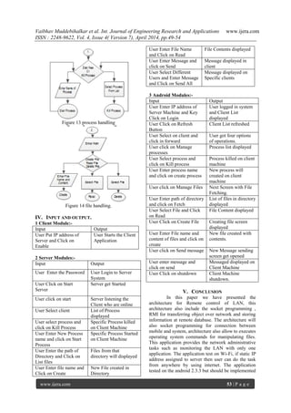 Vaibhav Muddebihalkar et al. Int. Journal of Engineering Research and Applications www.ijera.com
ISSN : 2248-9622, Vol. 4, Issue 4( Version 7), April 2014, pp.49-54
www.ijera.com 53 | P a g e
Figure 13 process handling
Figure 14 file handling.
IV. INPUT AND OUTPUT.
1 Client Module:-
Input Output
User Put IP address of
Server and Click on
Enable
User Starts the Client
Application
2 Server Modules:-
Input Output
User Enter the Password User Login to Server
System
User Click on Start
Server
Server get Started
User click on start Server listening the
Client who are online
User Select client List of Process
displayed
User select process and
click on Kill Process
Specific Process killed
on Client Machine
User Enter New Process
name and click on Start
Process
Specific Process Started
on Client Machine
User Enter the path of
Directory and Click on
List files
Files from that
directory will displayed
User Enter file name and
Click on Create
New File created in
Directory
User Enter File Name
and Click on Read
File Contents displayed
User Enter Message and
click on Send
Message displayed in
client
User Select Different
Users and Enter Message
and Click on Send All
Message displayed on
Specific clients
3 Android Modules:-
Input Output
User Enter IP address of
Server Machine and Key
Click on Login
User logged in system
and Client List
displayed
User Click on Refresh
Button
Client List refreshed
User Select on client and
click in forward
User got four options
of operations.
User click on Manage
processes
Process list displayed
User Select process and
click on Kill process
Process killed on client
machine
User Enter process name
and click on create process
New process will
created on client
machine
User click on Manage Files Next Screen with File
Fetching.
User Enter path of directory
and click on Fetch
List of files in directory
displayed
User Select File and Click
on Read
File Content displayed
User Click on Create File Creating file screen
displayed
User Enter File name and
content of files and click on
create
New file created with
contents.
User click on Send message New Message sending
screen get opened
User enter message and
click on send
Messaged displayed on
Client Machine
User Click on shutdown Client Machine
shutdown.
V. CONCLUSION
In this paper we have presented the
architecture for Remote control of LAN, this
architecture also include the socket programming ,
RMI for transferring object over network and storing
information at remote database. The architecture will
also socket programming for connection between
mobile and system, architecture also allow to executes
operating system commands for manipulating files.
This application provides the network administrative
tasks such as monitoring the LAN with only one
application. The application test on Wi-Fi, if static IP
address assigned to server then user can do the task
from anywhere by using internet. The application
tested on the android 2.3.3 but should be implemented
 
