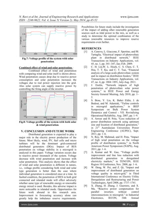 N. Ravi et al Int. Journal of Engineering Research and Applications www.ijera.com
ISSN : 2248-9622, Vol. 4, Issue 5( Version 2), May 2014, pp.45-52
www.ijera.com 50 | P a g e
Fig.7: Voltage profile of the system with solar
penetration.
Combined effect of wind and solar penetration :
Combined effect of wind and penetration
with comparing wind and solar itself is shown above.
Wind penetration causes drop due to reactive power
consumption and solar penetration increases the
voltages due to real power injection into the grid.
Also solar system can supply reactive power by
controlling the firing angle of the inverter.
Fig.8: Voltage profile of the system with both solar
& wind penetration.
V. CONCLUSION AND FUTURE WORK
Distributed generation is expected to play a
major role in the electric power production of the
future. Most likely, wind, PV, fuel cells and micro
turbines will be the dominant grid-connected
distributed generators (DGs). Impact of RES
penetration on voltage stability in a microgrid is
analyzed in this paper. Voltage variation occurs due
to reactive power mismatch of the system. Voltage
decrease with wind penetration and increase with
solar penetration. This analysis shows that the effect
of wind and solar penetration is different in nature,
i.e., voltage profile considering both wind and solar
type generation is better than the case where
individual generation is considered once at a time. In
faulted condition, the penetration of RES in both grid
connected and islanded mode will effect adversely
whether same type of renewable energy or renewable
energy mixed is used. Besides, this adverse impact is
more noticeable in islanded mode. Opportunities for
future work abound in this research area.
Improvement in forecasting accuracy alone can
greatly help the imbalance reserve requirements.
Possibilities for future study include the investigation
of the impact of adding other renewable generation
sources such as tidal power to the mix, as well as a
study to determine the optimal combination of the
various renewable resources to improve reserve
requirements even further.
REFERENCES
[1] A. Canova, L. Giaccone, F. Spertino, and M.
Tartaglia, ―Electrical impact of photovoltaic
plant in distributed network,‖ IEEE
Transactions on Industry Applications, vol.
45, no. 1, pp. 341–347, Jan.-Feb. 2009.
[2] C. H. Lin,W. L. Hsieh, C. S. Chen, C. T.
Hsu, T. T. Ku, and C. T. Tsai, ―Financial
analysis of a large-scale photovoltaic system
and its impact on distribution feeders,‖ IEEE
Transactions on Industry Applications, vol.
47, no. 4, pp. 1884–1891, July-Aug. 2011.
[3] J. Enslin, ―Network impacts of high
penetration of photovoltaic solar power
systems,‖ in IEEE Power and Energy
Society General Meeting, July 2010, pp. 1–
5.
[4] S. Bose, Y. Liu, K. Bahei Eldin, J. de
Bedout, and M. Adamiak, ―Tieline controls
in microgrid applications,‖ in IREP
Symposium on Bulk Power System
Dynamics and Control - VII. Revitalizing
Operational Reliability, Aug. 2007, pp. 1–9.
[5] A. Anwar and H. Pota, ―Loss reduction of
power distribution network using optimum
size and location of distributed generation,‖
in 21st
Australasian Universities Power
Engineering Conference (AUPEC), Sept.
2011, pp. 1–6.
[6] N. Roy, M. Mahmud, and H. Pota, ―Impact
of high wind penetration on the voltage
profile of distribution systems,‖ in North
American Power Symposium (NAPS), Aug.
2011, pp. 1–6.
[7] A. Kumar and W. Gao, ―Voltage profile
improvement and line loss reduction with
distributed generation in deregulated
electricity markets,‖ in TENCON, IEEE
Region 10 Conference, Nov. 2008, pp. 1–6.
[8] W. Deng, W. Pei, and Z. Qi, ―Impact and
improvement of distributed generation on
voltage quality in micro-grid,‖ in Third
International Conference on Electric Utility
Deregulation and Restructuring and Power
Technologies, April 2008, pp. 1737–1741.
[9] X. Zhang, H. Zhang, J. Guerrero, and X.
Ma, ―Reactive power compensation for
parallel inverters without control
interconnections in microgrid,‖ in Industrial
Electronics, IECON, 34th Annual
 
