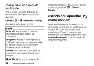 configuração de opções de                      Para configurar opções de notificação durante
notificação                                    a chamada, pressione / > Conf cham >
                                               Notificação.
Para controlar a emissão de toques de
notificação de mensagem durante uma
chamada:                                       usando seu aparelho
Caminho: / > u > Chamadas Tel > Notificação.   como modem
Selecione a partir destas opções:              O seu telefone pode ser conectado a um
                                               computador via USB para ser usado como um
 opção
                                               modem. Para obter informações mais
 Receber todas: emite toques durante as        específicas sobre como configurar seu
 chamadas para todos os tipos de               telefone para usá-lo com o computador, visite
 mensagens.                                    www.motorola.com/support e consulte a seção de
 Só msg correio: durante as mensagens de e-    Perguntas Frequentes.
 mail você ouve toques; os toques de todos
 os demais tipos de mensagens ficam
 suspensos até você desligar.
 Adiar tudo: os toques de todos os tipos de
 mensagens ficam suspensos até você
 desligar.
 Nota: Adiar tudo é a configuração padrão.
38     informações essenciais
 
