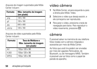 Arquivos de imagem suportados pela Mídia   vídeo câmera
Center incluem:
                                           1 Na Mídia Center, vá para esquerda ou para
 Formato      Máx. tamanho da imagem         a direita para Mídia: Vídeo.
              (em pixels)
                                           2 Selecione o vídeo que deseja assistir, e
 .png         128 x 160
                                             ele começará a ser reproduzido.
 .gif         128 x 160
                                           3 Para parar o vídeo, pressione a tecla de
 .jpg         640 x 480
                                             navegação para baixo. Para reproduzir o
 .wbmp        128 x 160                      vídeo novamente, pressione r

Arquivos de video suportados pela Mídia
Center incluem:
                                           câmera
                                           É possível salvar na memória do seu telefone
  Formato          Taxa de Moldura e
                                           fotos tiradas com a câmera integrada e
               Máx. tamanho da imagem
                                           acessá-las por meio da Mídia Center.
                       (em pixels)
 AVI          15fps 128 x 96               As fotos que você tira podem ser enviadas
                                           por meio de Ligações Particulares, de
 H.263        15fps 128 x 96               Bluetooth, ou de mensagens MMS. Também
 MPEG         15fps 128 x 96               é possível usar as fotos como o papel de
                                           parede do aparelho.


50       atrações principais
 