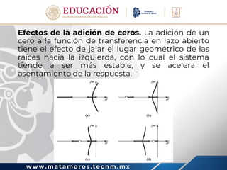 w w w . m a t a m o r o s . t e c n m . m x
Efectos de la adición de ceros. La adición de un
cero a la función de transferencia en lazo abierto
tiene el efecto de jalar el lugar geométrico de las
raíces hacia la izquierda, con lo cual el sistema
tiende a ser más estable, y se acelera el
asentamiento de la respuesta.
 