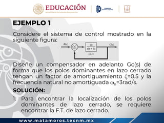 w w w . m a t a m o r o s . t e c n m . m x
EJEMPLO 1
Considere el sistema de control mostrado en la
siguiente figura:
Diseñe un compensador en adelanto Gc(s) de
forma que los polos dominantes en lazo cerrado
tengan un factor de amortiguamiento =0.5 y la
frecuencia natural no amortiguada n=3rad/s.
SOLUCIÓN:
1. Para encontrar la localización de los polos
dominantes de lazo cerrado, se requiere
encontrar la F.T. de lazo cerrado.
 