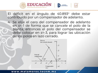 w w w . m a t a m o r o s . t e c n m . m x
El déficit en el ángulo de 40.893 debe estar
contribuido por un compensador de adelanto.
4. Se elije el cero del compensador de adelanto
en s=-1 de forma que se cancele el polo de la
planta, entonces el polo del compensador se
debe colocar en s=-3, para lograr las ubicación
de los polos en lazo cerrado.
 