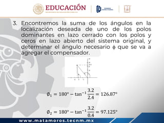 w w w . m a t a m o r o s . t e c n m . m x
3. Encontremos la suma de los ángulos en la
localización deseada de uno de los polos
dominantes en lazo cerrado con los polos y
ceros en lazo abierto del sistema original, y
determinar el ángulo necesario  que se va a
agregar el compensador.
∅1 = 180° − tan−1
3.2
2.4
= 126.87°
∅2 = 180° − tan−1
3.2
0.4
= 97.125°
 