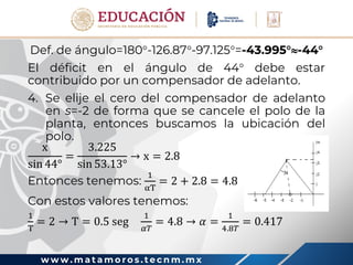 w w w . m a t a m o r o s . t e c n m . m x
Def. de ángulo=180-126.87-97.125=-43.995-44
El déficit en el ángulo de 44 debe estar
contribuido por un compensador de adelanto.
4. Se elije el cero del compensador de adelanto
en s=-2 de forma que se cancele el polo de la
planta, entonces buscamos la ubicación del
polo.
x
sin 44°
=
3.225
sin 53.13°
→ x = 2.8
Entonces tenemos:
1
αT
= 2 + 2.8 = 4.8
Con estos valores tenemos:
1
T
= 2 → T = 0.5 seg
1
𝛼𝑇
= 4.8 → 𝛼 =
1
4.8𝑇
= 0.417
 